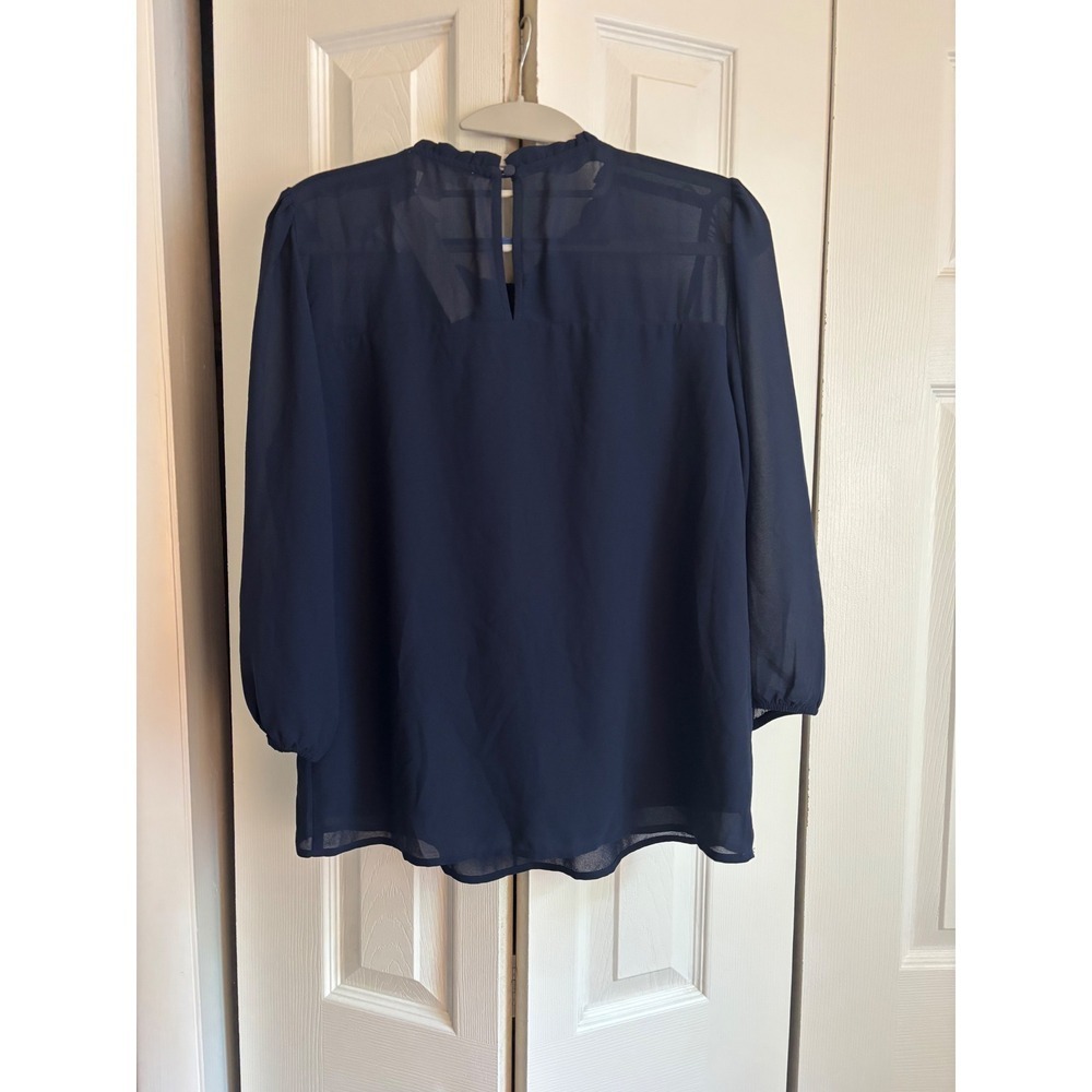 NWT Monteau Navy Blue Chiffon Tunic Blouse Medium Ruffle Neck Sheer - Picture 11 of 11